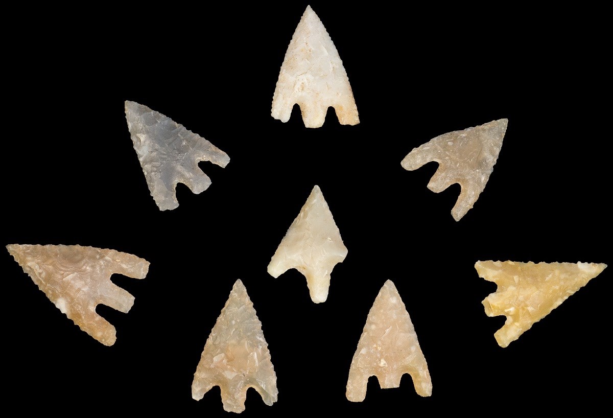 Eight yellowish-grey arrow heads arranged in a crescent pattern against a black background with their points facing outward.
