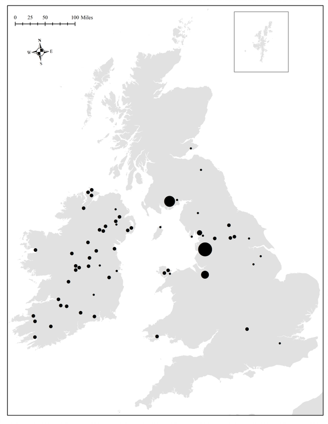 Map of Britain and Ireland. Water is white, land is grey. Black dots of varying sizes show Viking-Age hoard finds, with clusters in Galloway, near Manchester and throughout Ireland.