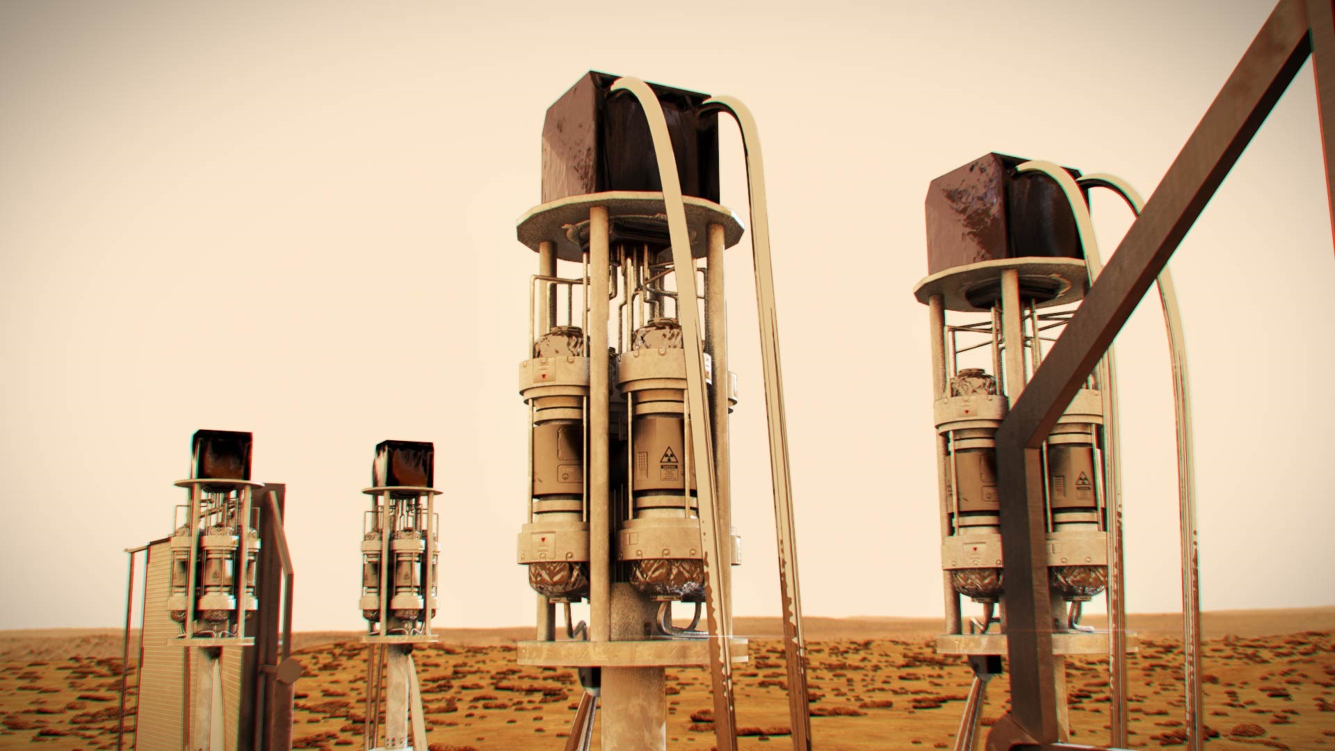 Colour illustration of a four towers of power equipment on the surface of Mars.