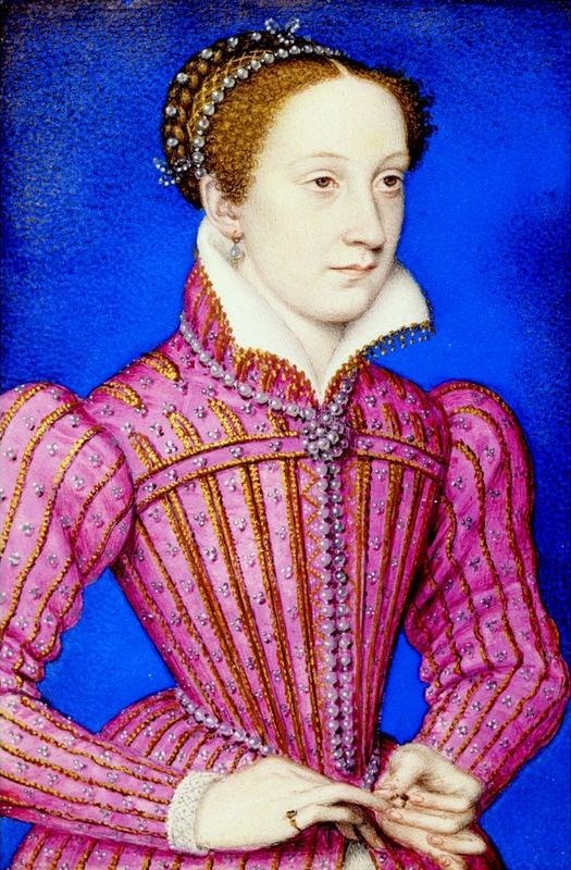 A young Mary in a bright pink dress covered in gold embroidery, pearls, and jewellery against a bright blue background.