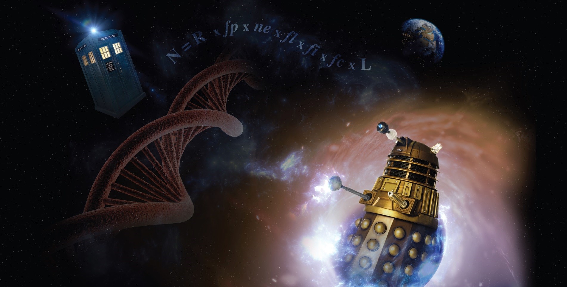 Dalek cyborg emerging from a vortex in space with a DNA double helix, police box, and earth in the background.