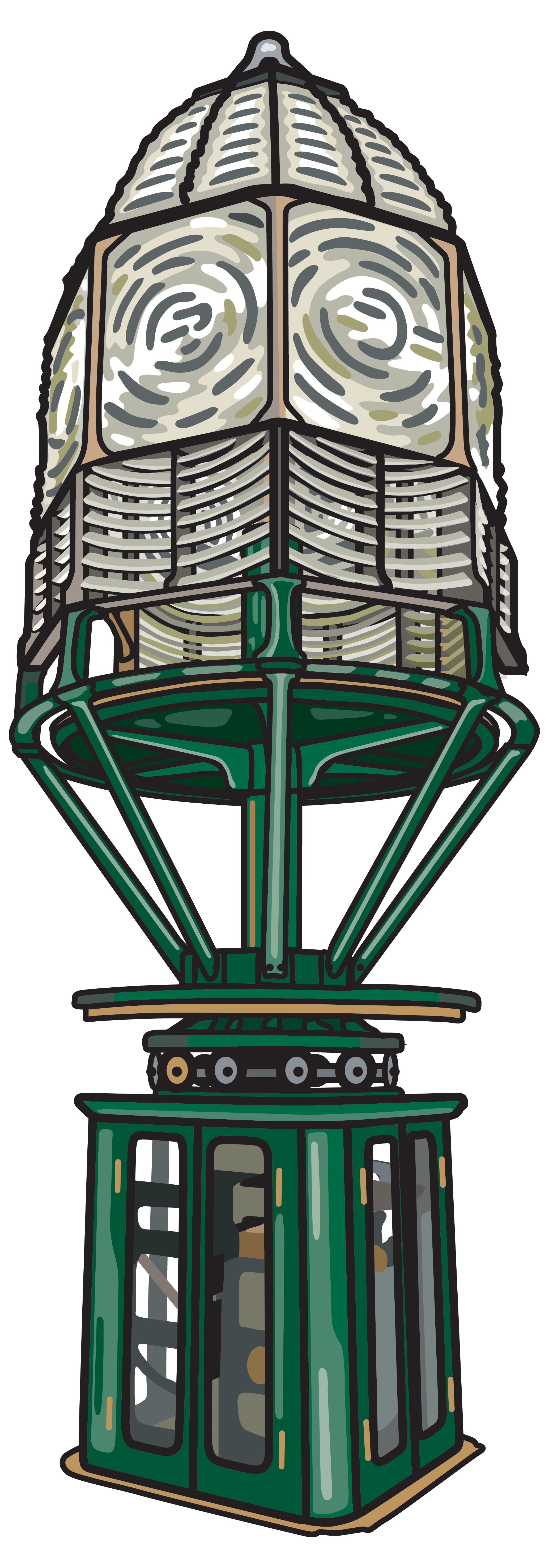 Illustration of a lighthouse lens on a green base