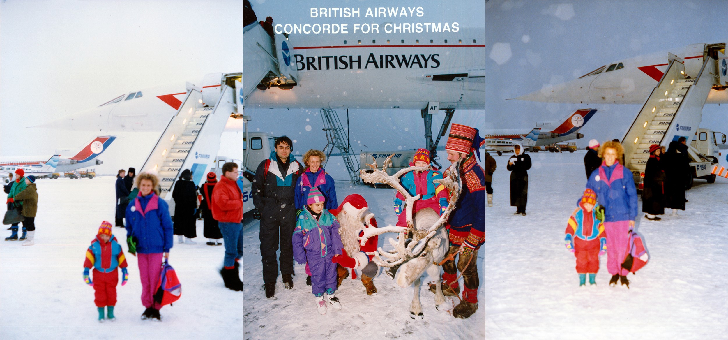 Photos from the early 90s showing people in the snow in front of Concorde.
