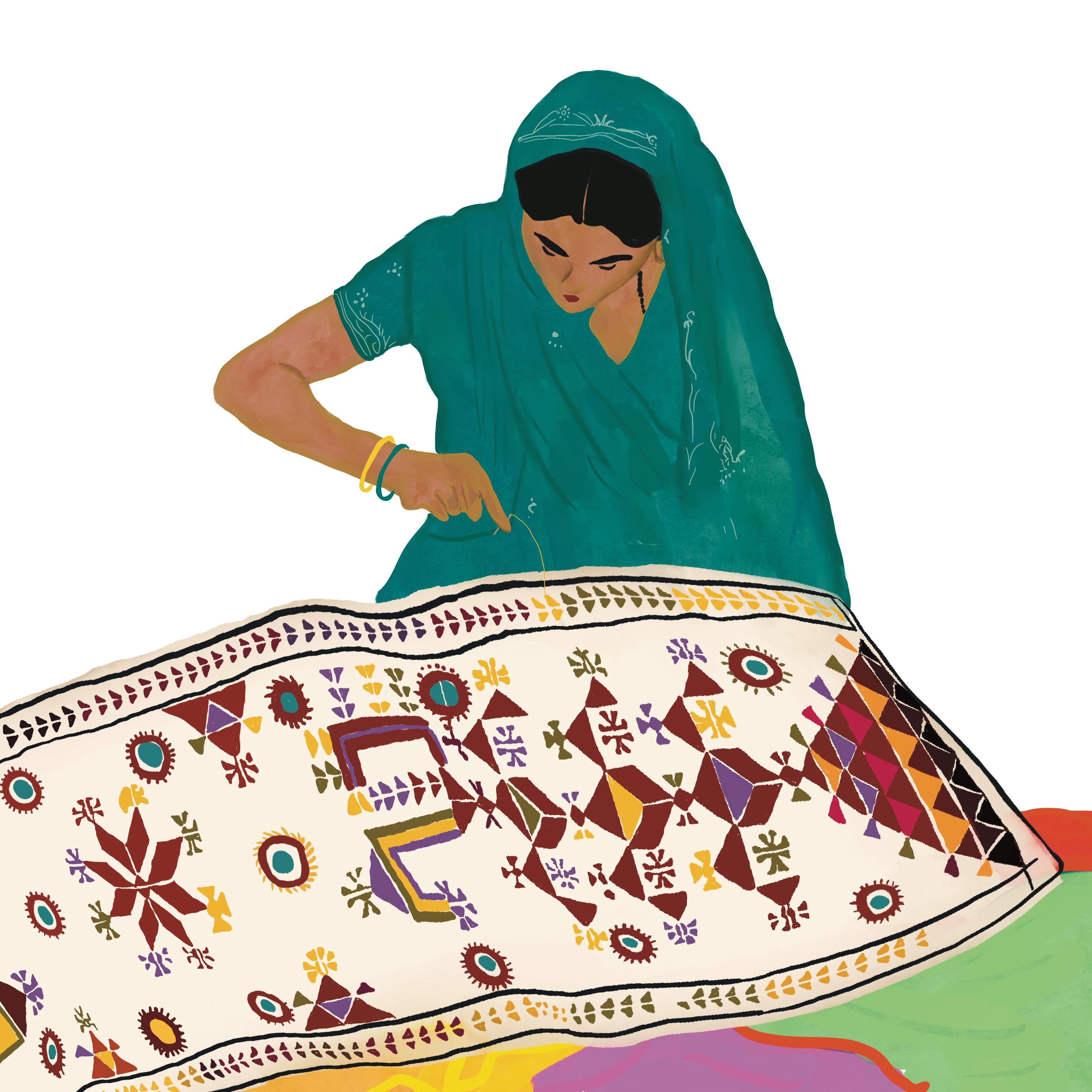Person stitches scarf containing geometric patterns in red, yellow and purple onto white cloth. Illustration by Malini Chakrabarty.