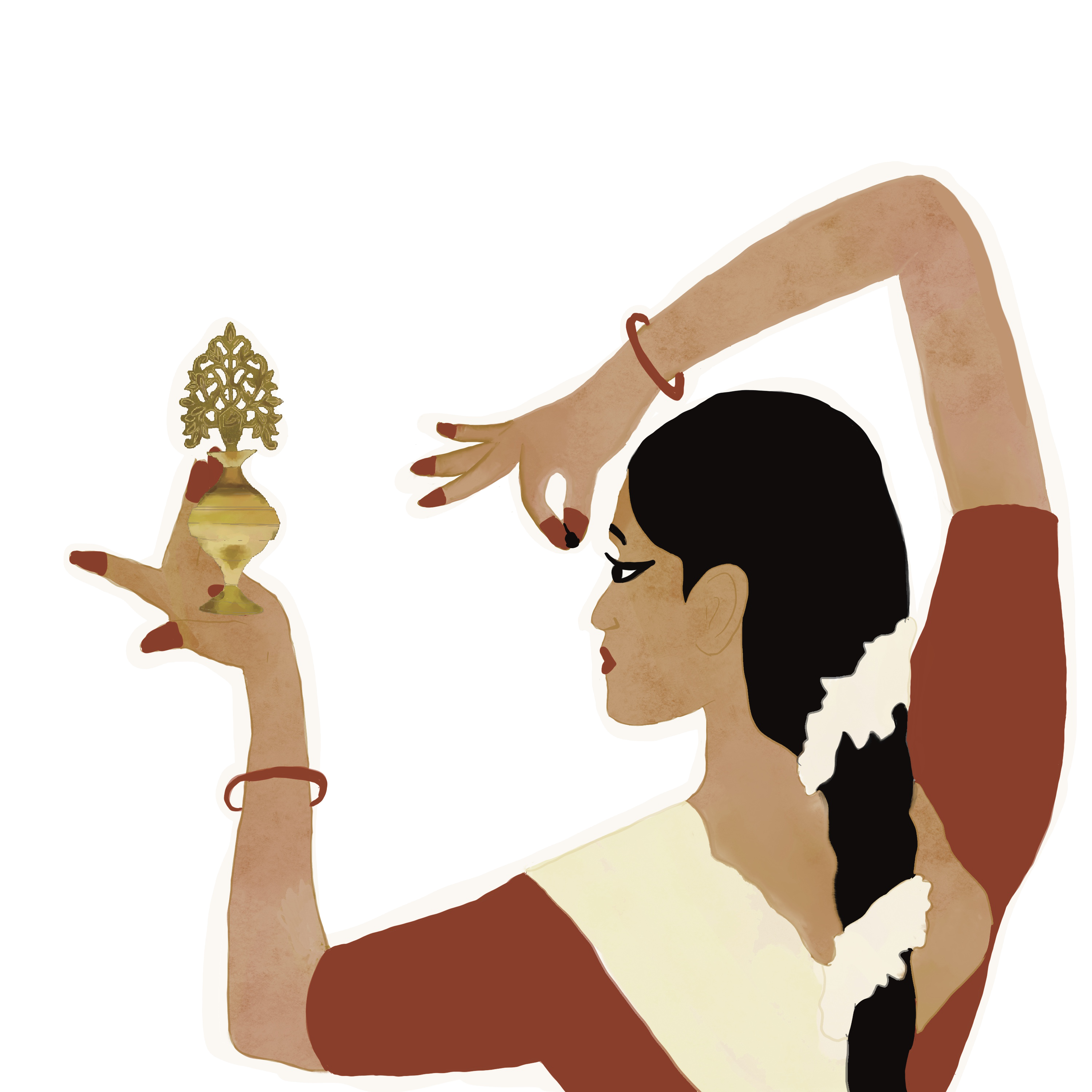 Illustration of person holding intricately designed Kohl Pot, raised in their left hand, as they pinch their fingers with their other hand. Illustration by Malini Chakrabarty.