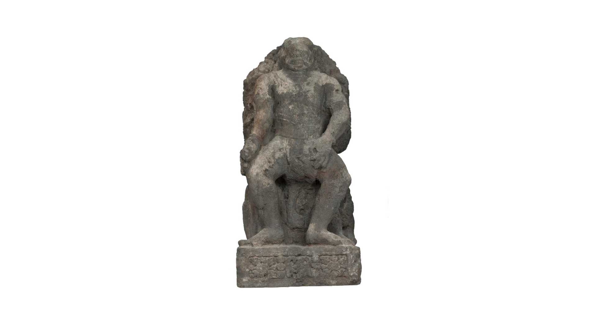 Hindu monkey god Hanuman standing in front of a tree with two squatted figures at the base.