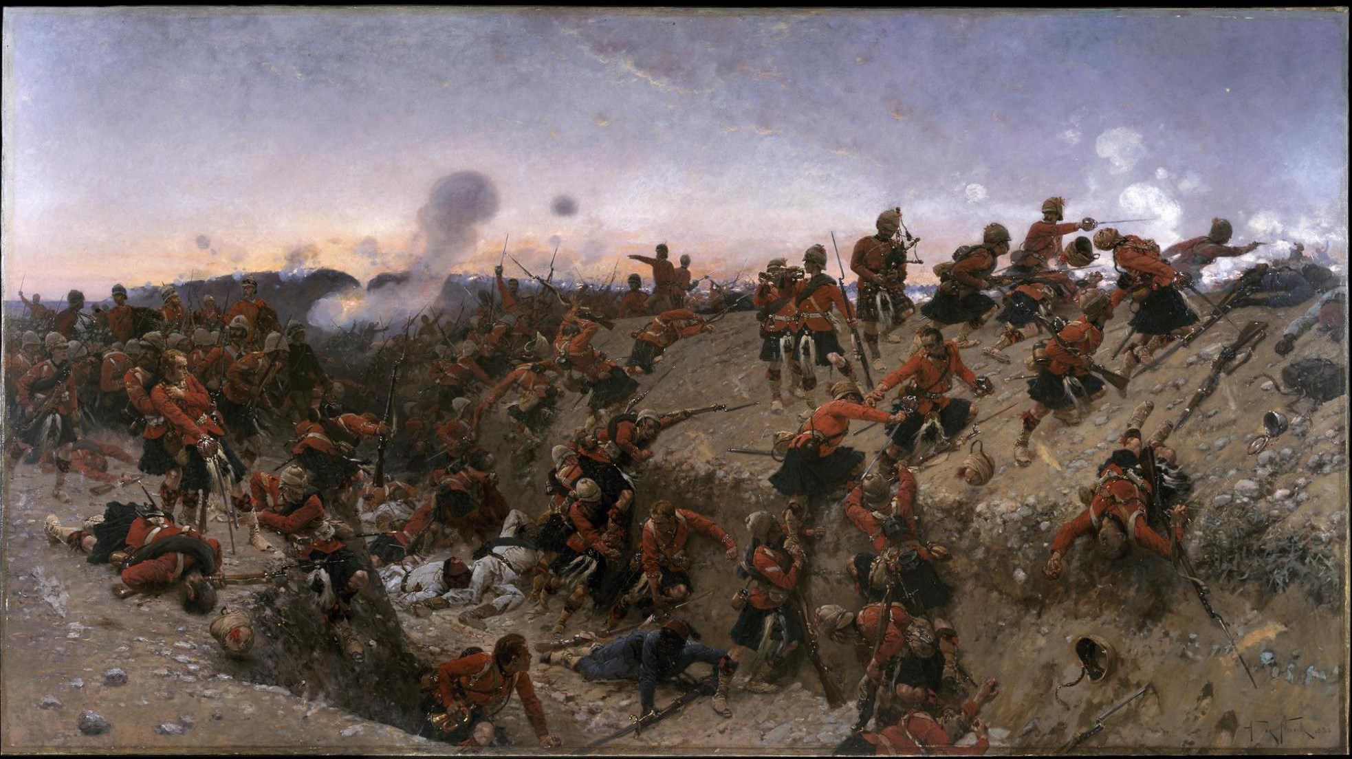A painting of several men in a battlefield trench in el Kebir, Egypt. 