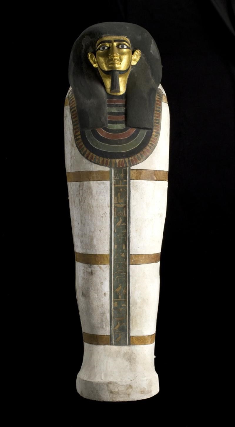 Coffin of the estate overseer Khnumhotep, son of Nebtu, made of wood painted white with three horizontal yellow mummy bands and the face gilded: Ancient Egyptian, from Deir Rifeh, Middle Kingdom, second half of the 12th Dynasty, c.1940-1760 BC.