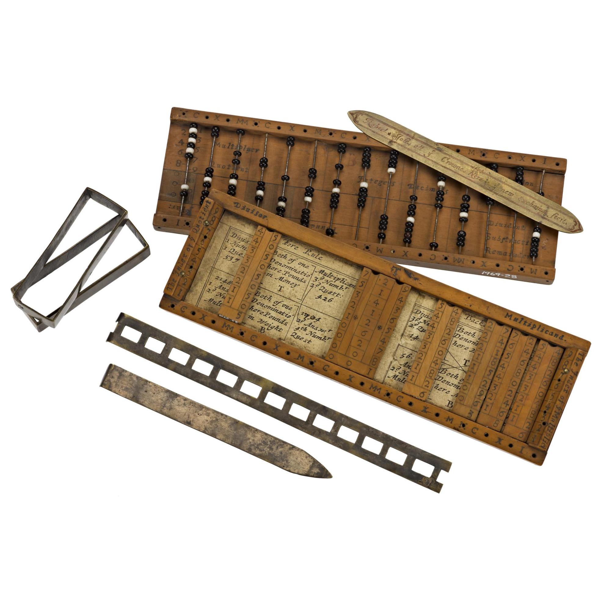Arithmetical compendium, combining strip form Napier's Bones and bead-type abacus, in boxwood case, by Robert Jole of London, c. 1670.