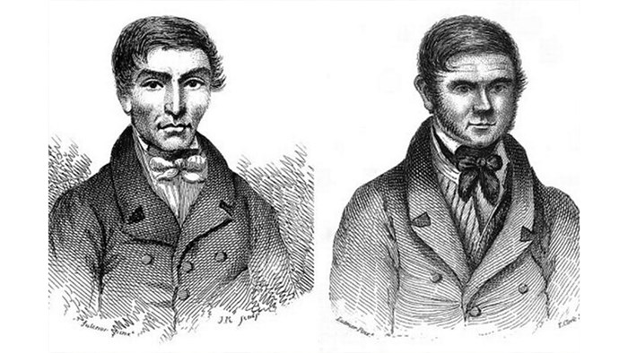 Black and white sketch of two men, William Burke and William Hare, in collared suits with bowties and short haircuts.