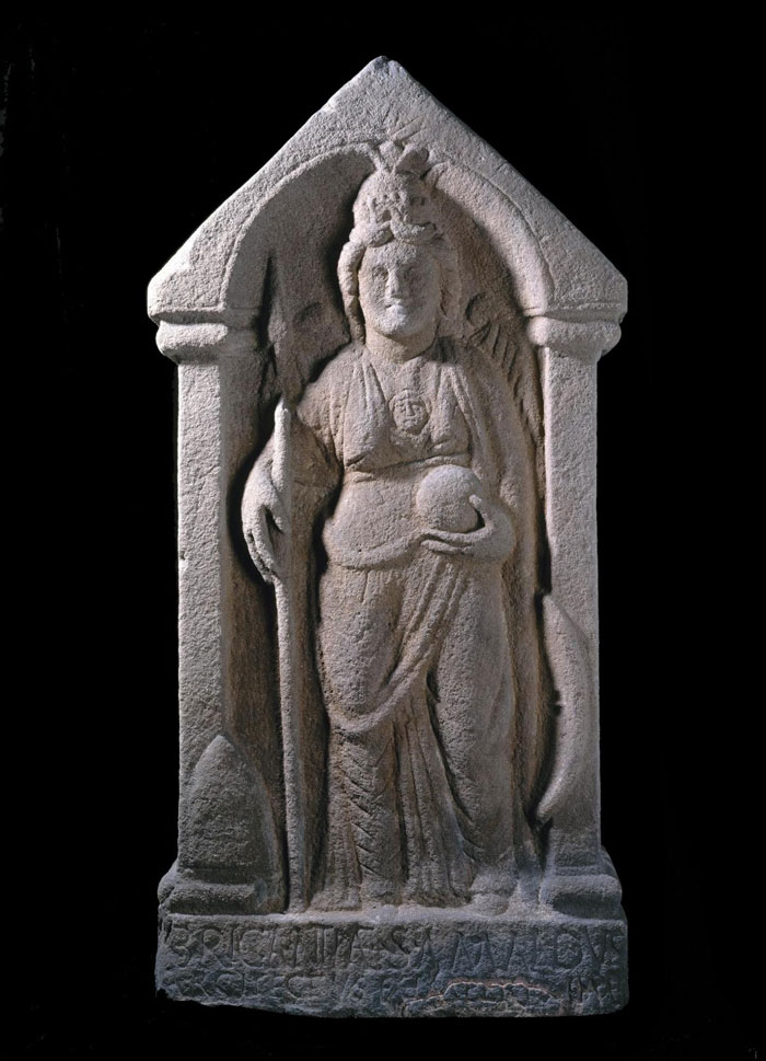 Sculpture of the goddess Brigantia depicting a native goddess from northern Britain in the guise of Minerva, from Birrens, Dumfriesshire.