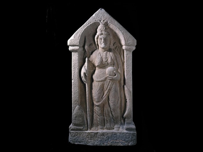 Sculpture of the goddess Brigantia depicting a native goddess from northern Britain in the guise of Minerva, from Birrens, Dumfriesshire.