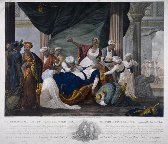 Colour engraving showing the death of Tipu Sultan