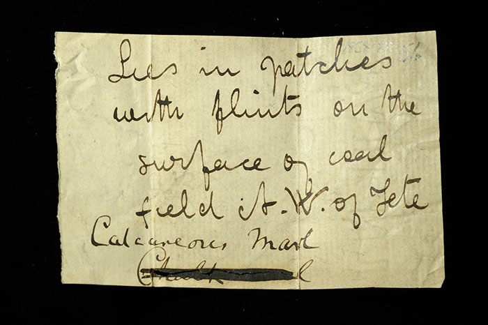 Livingstone’s note written in the field for the calcareous marl: ‘Lies in patches with flints on the surface of coal field NW of Tete.’
