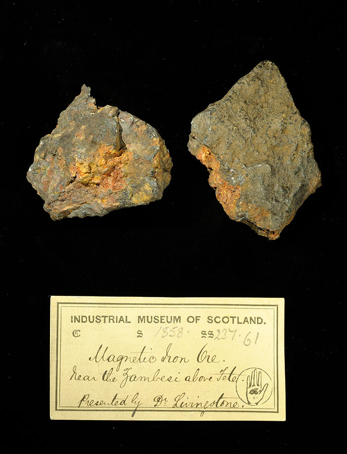 Specimens of iron ore with 19th century museum label: ‘Magnetic iron ore. Near the Zambesi above Tete. Presented by Dr Livingstone.’