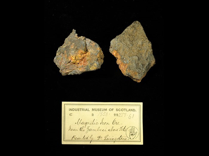 Specimens of iron ore with 19th century museum label: ‘Magnetic iron ore. Near the Zambesi above Tete. Presented by Dr Livingstone.’