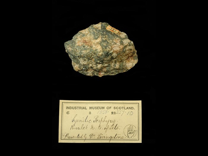 Specimen of syenitic porphyry with 19th century museum label: ‘Syenitic porphyry. Rivulet NW of Tete. Presented by Dr Livingstone.’