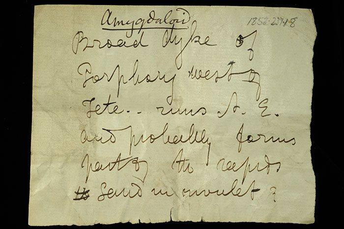 Livingstone’s note written in the field for the amygdale: ‘Broad dyke of porphyry west of Tete. Runs NE and probably forms parts of the rapids, sand not in rivulet.’