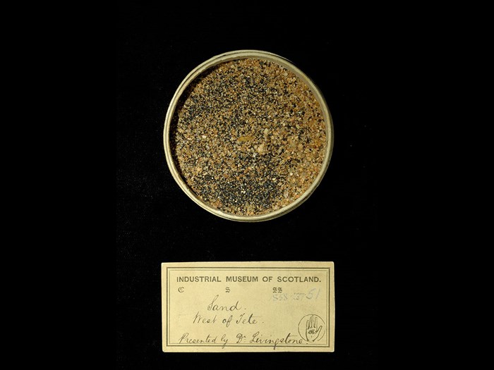 Specimen of sand with 19th century museum label: ‘Sand. West of Tete. Presented by Dr Livingstone.’