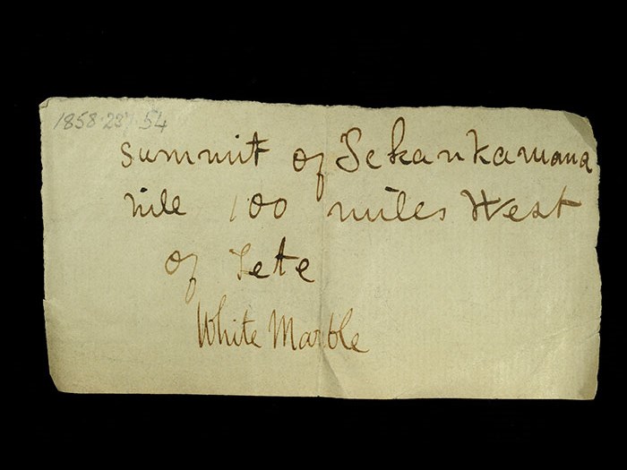 Livingstone’s note written in the field for the white marble: ‘Summit of Sekankamana hill 100 miles west of Tete.’