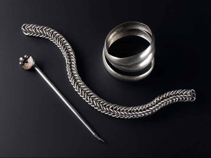 Gaulcross hoard: the silver handpin, bangle and chain found during the 19th century at Gaulcross, Aberdeenshire