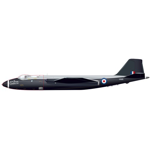A black English Electric Canberra bomber aircraft. 