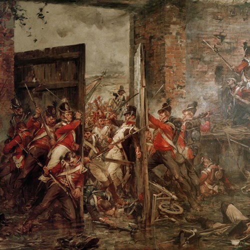 Painting of a chaotic battle scene of soldiers forcing a chateau gate closed against opposing soldiers on the other side.