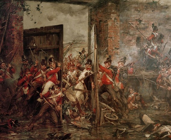 Painting of a chaotic battle scene of soldiers forcing a chateau gate closed against opposing soldiers on the other side.