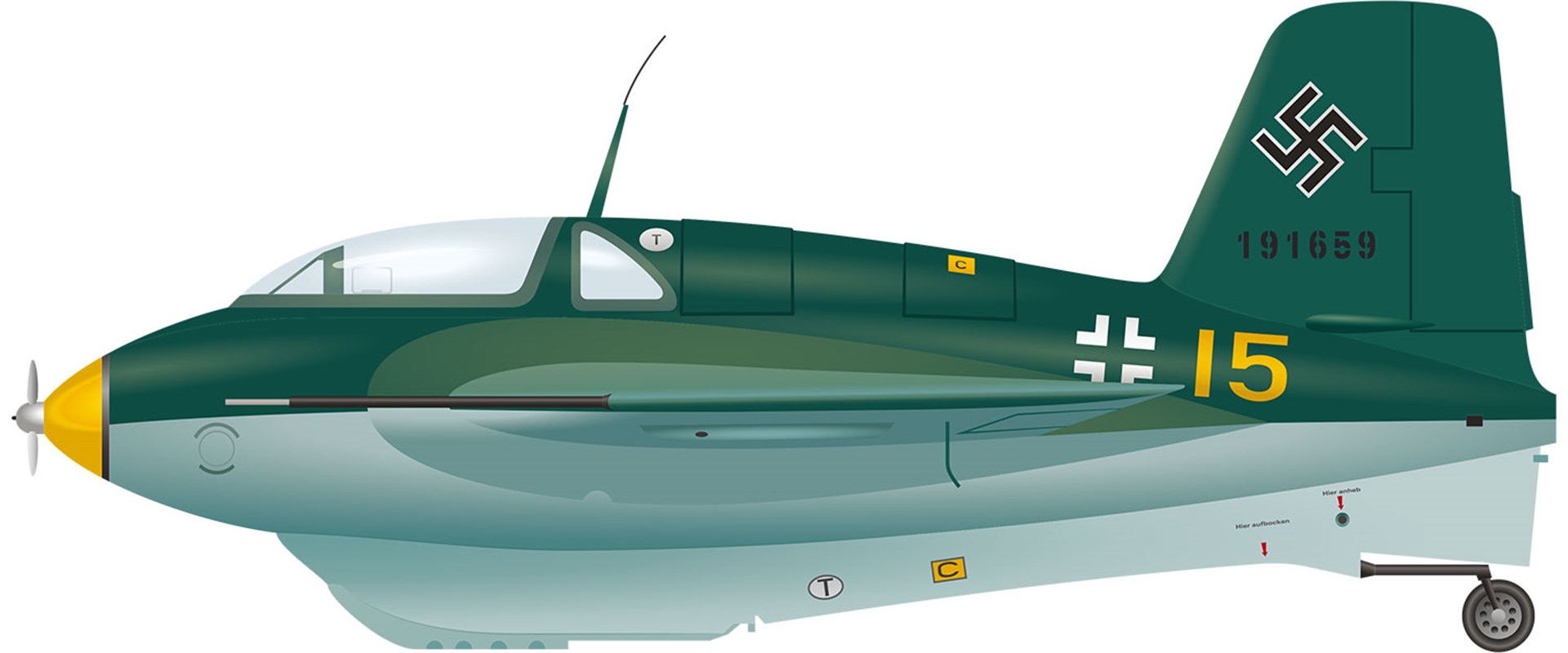 A green Messerschmitt Komet aircraft. 