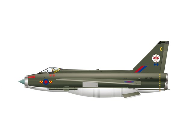A black English Electric Lightning jet fighter aircraft. 