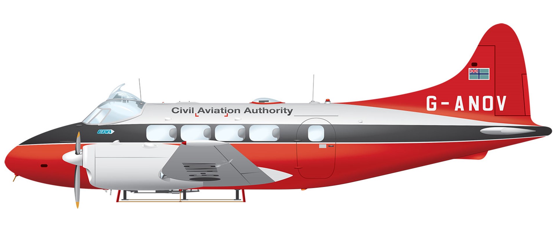de Havilland Dove aircraft with white, black, and red stripes.