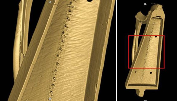CT scan rendering showing tool marks inside the Queen Mary harp soundbox