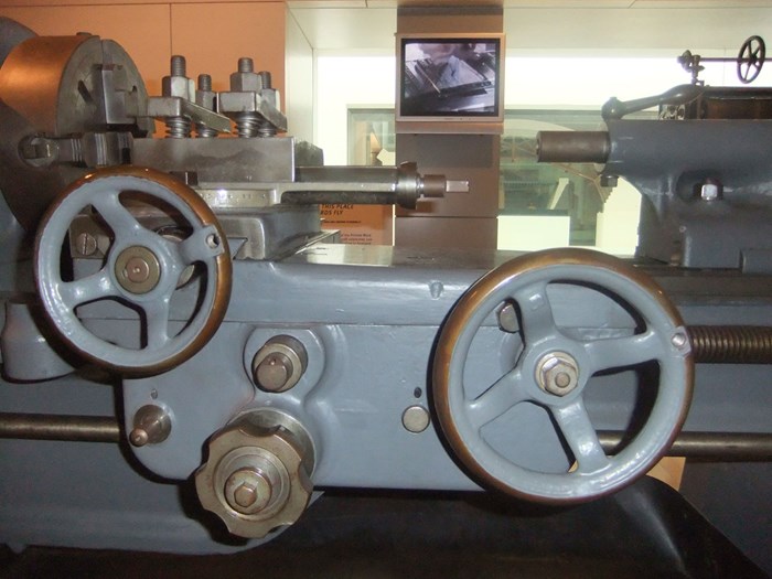 The lathe on display in the Workshop of the World gallery