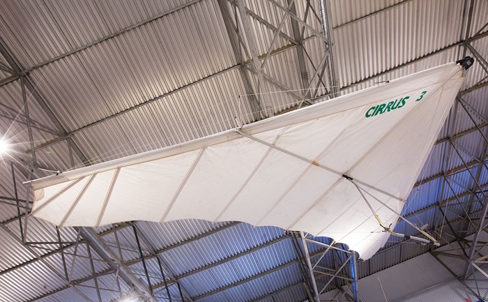 The Scot-Kites Cirrus III hang-glider suspended from the ceiling of a hangar at the National Museum of Flight.
