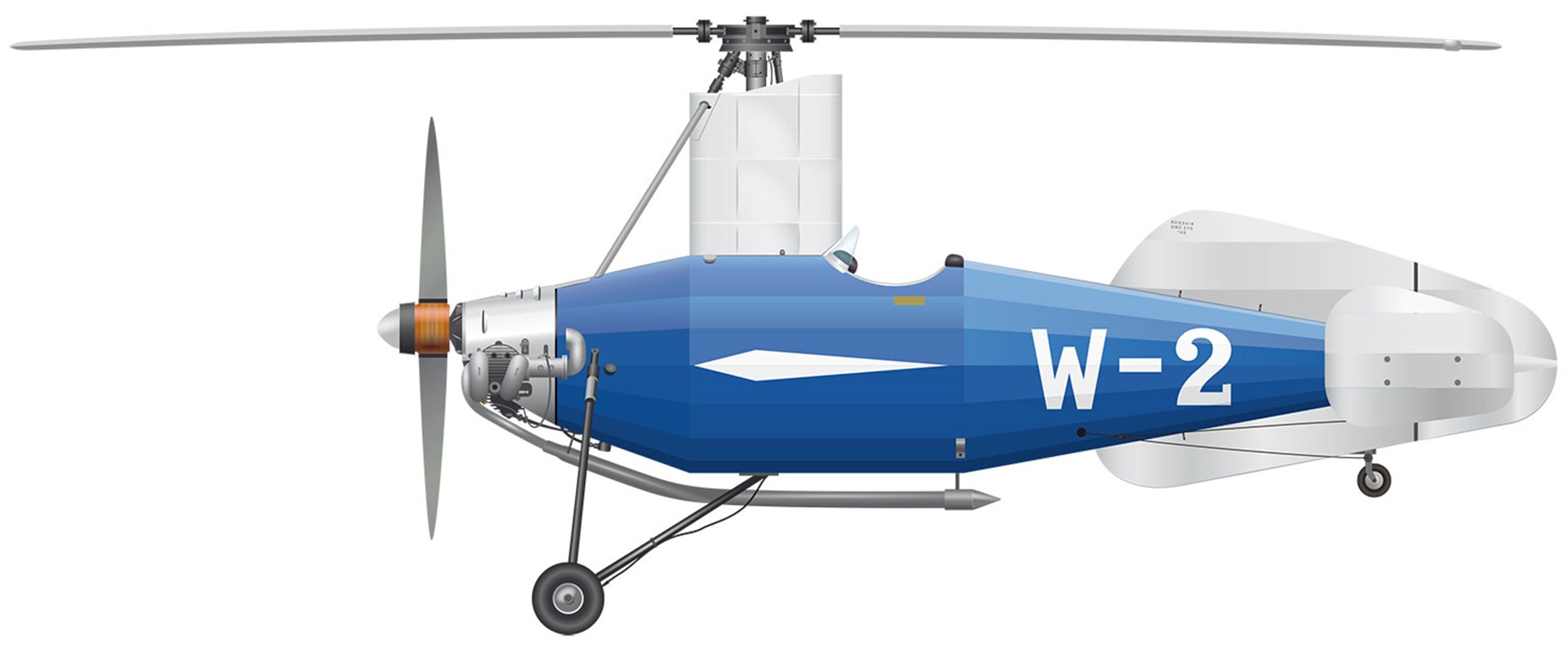 A white and blue Weir W-2 autogyro. 
