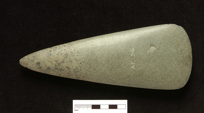 Axehead of jadeitite from Mont Viso, found blade downwards on the bank of the River Ericht, Rattray, Perth and Kinross.