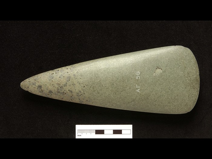 Axehead of jadeitite from Mont Viso, found blade downwards on the bank of the River Ericht, Rattray, Perth and Kinross.