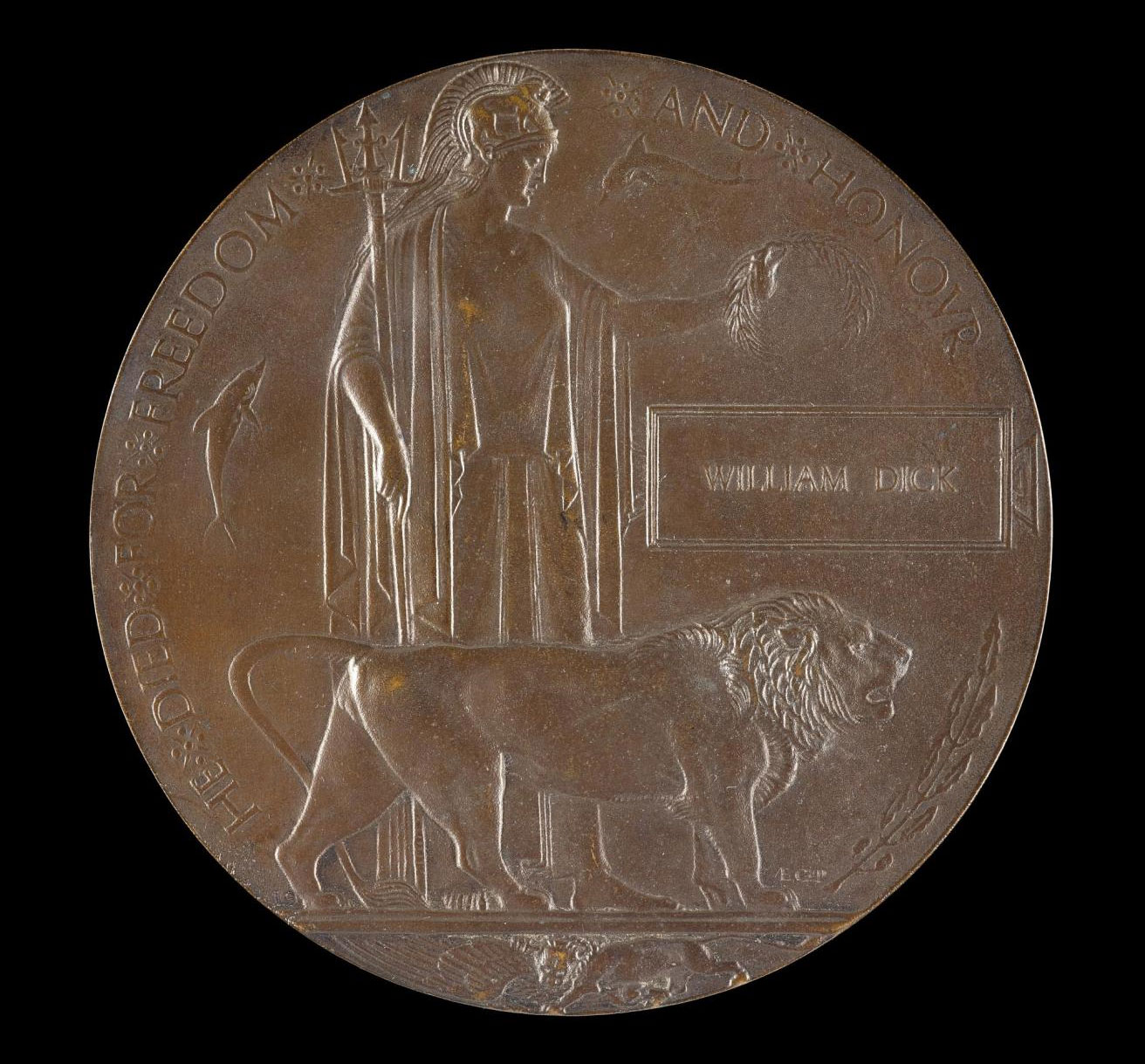 Memorial plaque sent to the wife of William Dick after his death from shrapnel wounds inflicted in trenches near Ypres. 