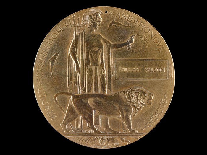 Memorial plaque sent to the next of kin of Sub-Lieutenant William Wilson, a naval officer who was killed in action in January 1918.