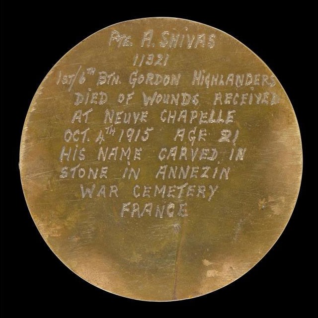 Reverse of memorial plaque of Private Alexander Shivas