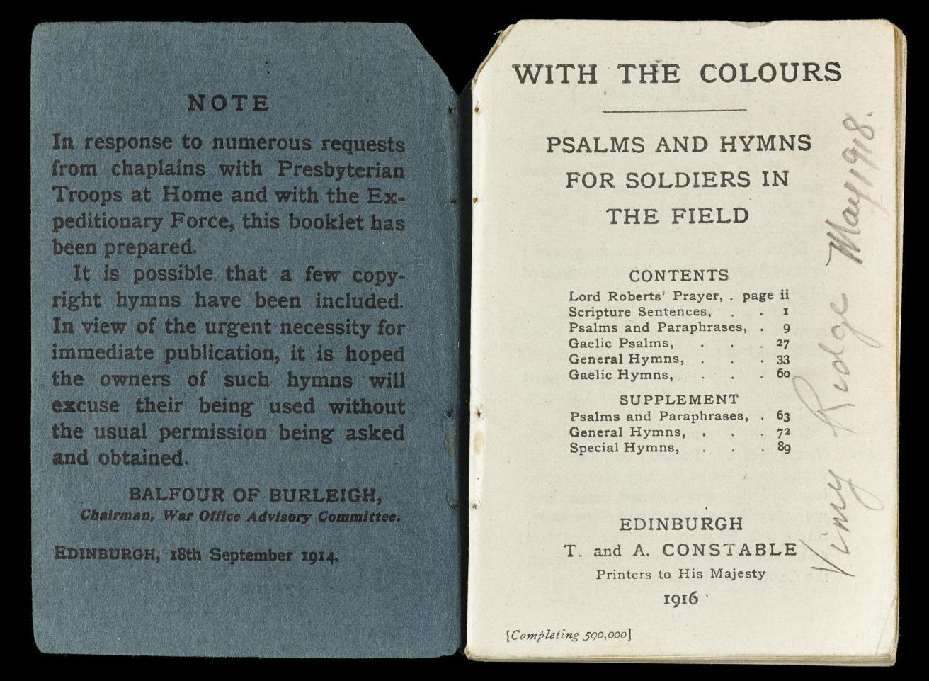 Book of psalms and hymns printed for soldiers by the Church of Scotland, belonging to Archibald Sneddon, 10th Battalion Cameronians.