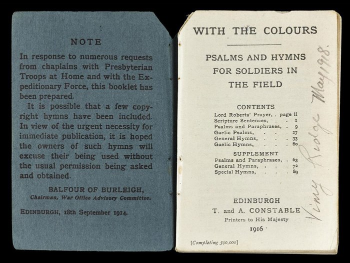 Book of psalms and hymns printed for soldiers by the Church of Scotland, belonging to Archibald Sneddon, 10th Battalion Cameronians.