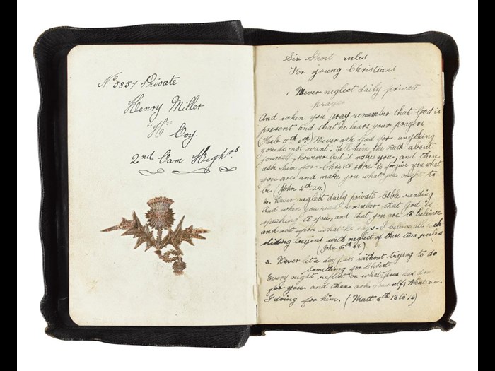 New Testament with ‘six short rules for young Christians’, handwritten by its owner, Private Henry Miller, 2nd Battalion Cameron Highlanders. 