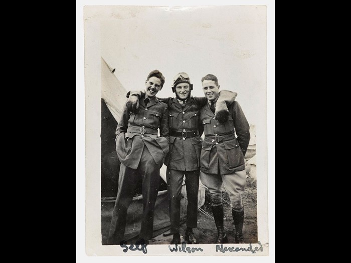 Three officers of the Royal Air Force pose together for the camera in 1918. On the left is Lieutenant JMW Hamilton whose flying training began in 1917 at Montrose Air Station, Angus. 