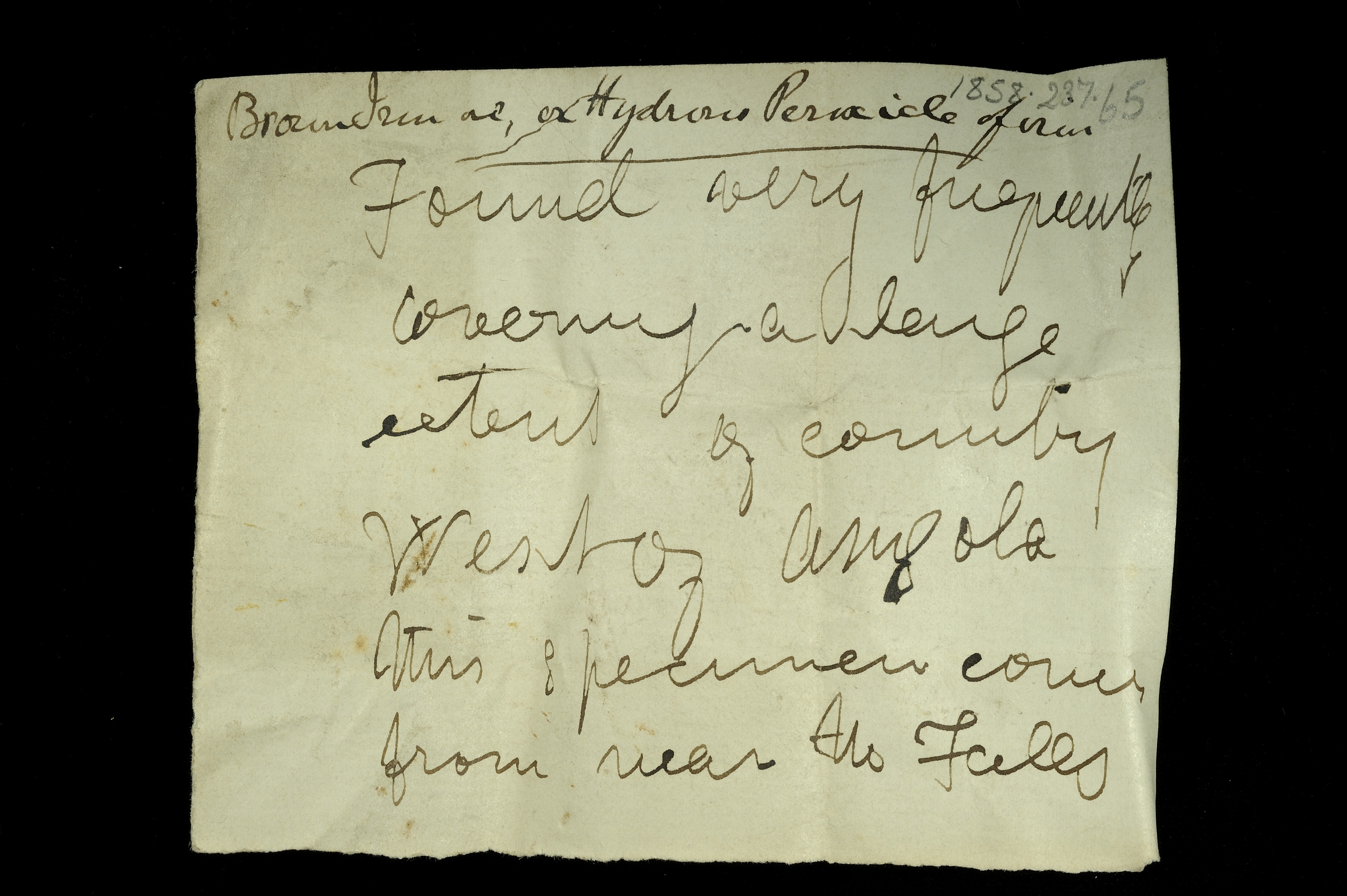 Livingstone’s note written in the field for the iron ore: ‘Found very frequently covering a large extent of country west of Angola. This specimen comes from near the falls.’