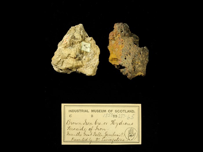 Specimens of iron ore with 19th century museum label: ‘Brown iron ore or hydrous peroxide of iron. Near the Great Falls, Zambesi (?) Presented by Dr Livingstone.’