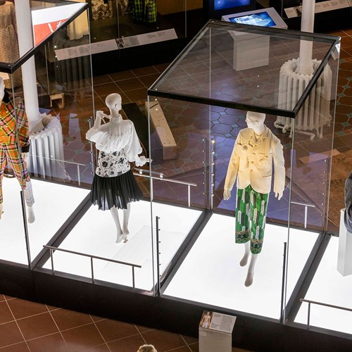 Four mannequins in the Fashion and Style gallery at the National Museum of Scotland. 