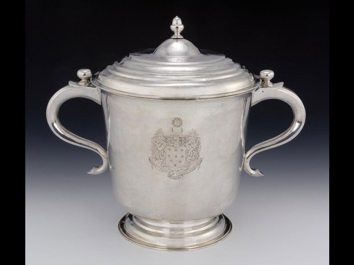 Silver cup and domed cover engraved with the coat of arms, crest and motto of George Baillie of Jerviswood. Made by James Sympsome of Edinburgh, 1709-10. You can see this up in the Scotland Transformed gallery in the National Museum of Scotland.