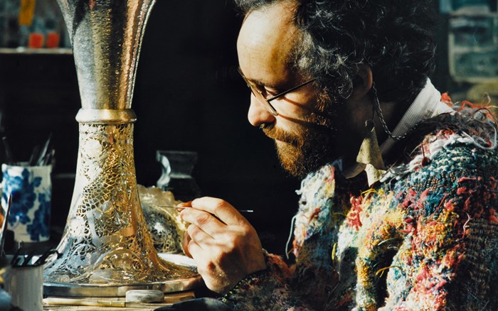 Malcolm Appleby at work on the Cup and cover in 1990