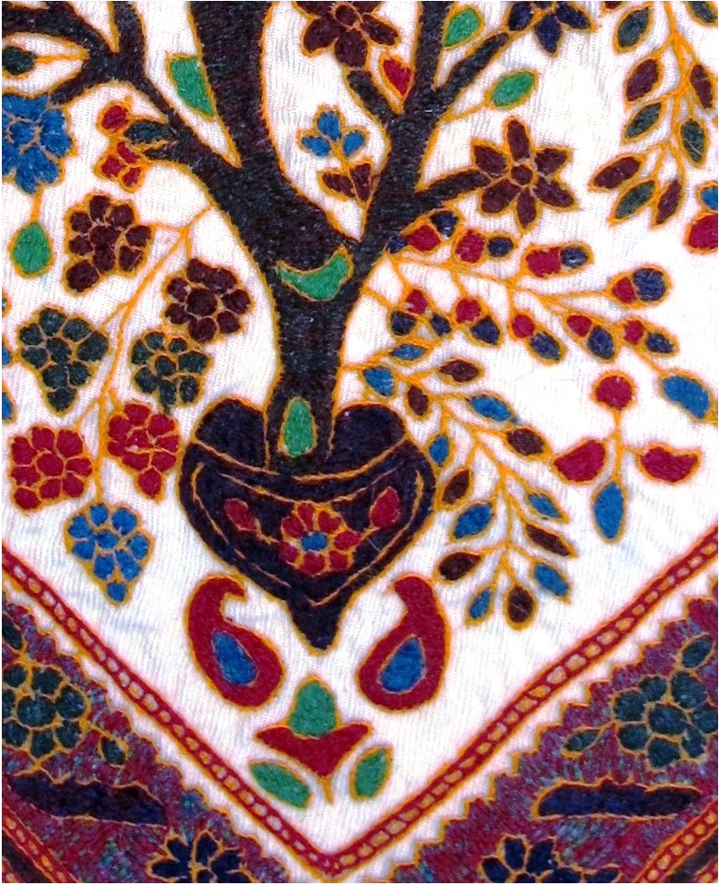 White coat: detail of the back of the coat. The tree pot is flanked by two botehs, an Indo-Persian motif known as paisley in the West.